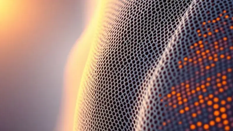 Detalhe 3D do acabamento em malha e lateral respirável de um colchão premium com texturas ricas e iluminação suave.