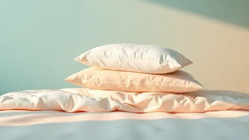 Acessórios de cama conceituais em 3D incluindo protetor de colchão e travesseiros macios flutuando.