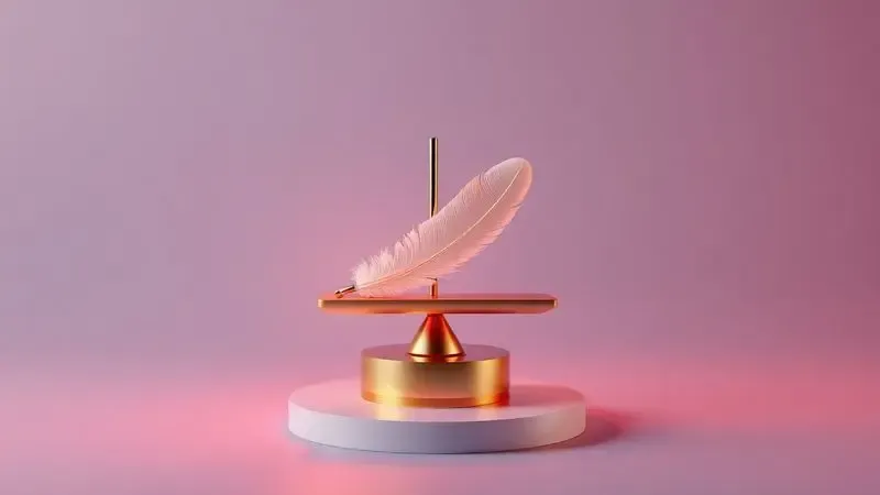 Composição 3D abstrata de uma balança moderna equilibrando elementos de luz e clareza sobre um fundo suave.