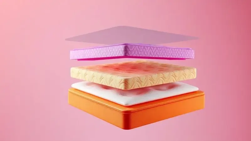 Diagrama artístico em 3D das diferentes camadas de conforto de um colchão moderno com cores ricas.