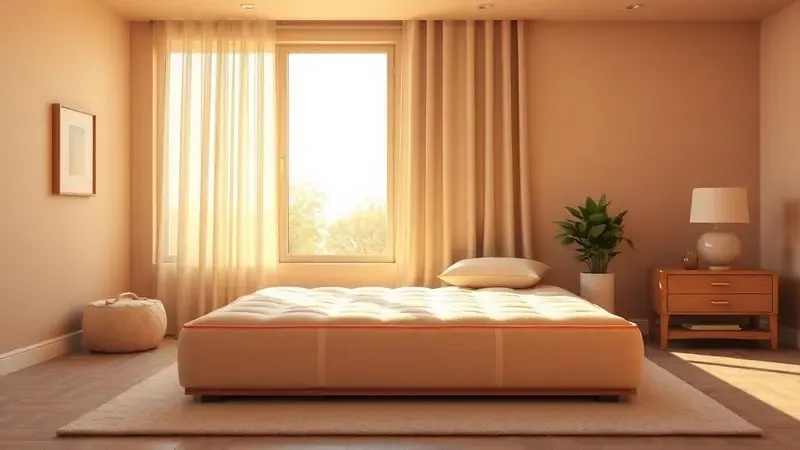 Cena aconchegante de um quarto moderno com um colchão minimalista sob luz solar suave.