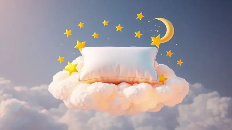 Imagem conceitual de satisfação e sono profundo com travesseiro sobre nuvens e estrelas brilhantes.