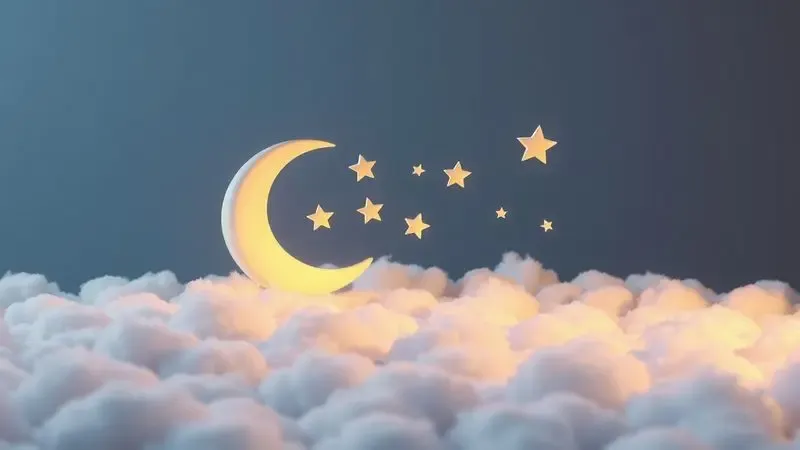 Cena 3D de uma lua crescente e estrelas flutuando sobre uma superfície que lembra uma nuvem macia.