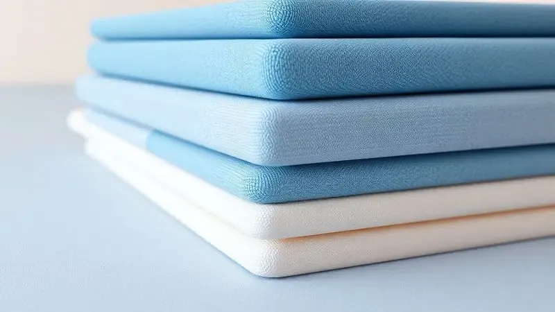 Representação 3D conceitual de camadas de conforto e suporte de um colchão em tons de azul e branco.