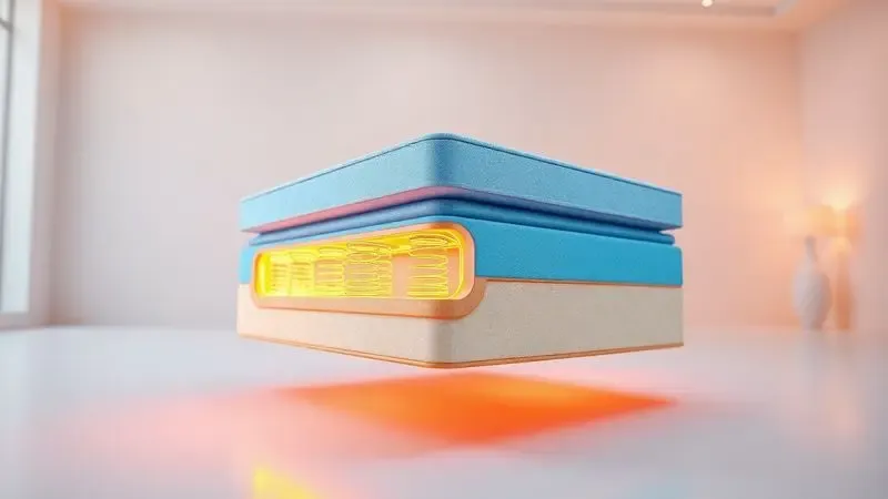 Representação 3D conceitual das camadas internas de um colchão de alta qualidade, destacando o suporte e o conforto tecnológico.