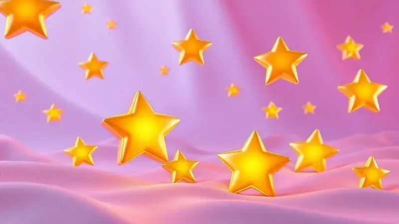 Ícones 3D de estrelas douradas e balões de diálogo flutuando sobre uma superfície macia, representando o feedback positivo de usuários.