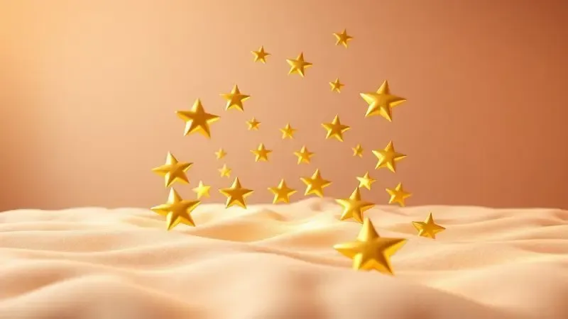 Representação conceitual 3D de estrelas douradas flutuando sobre uma superfície macia, simbolizando avaliações positivas de qualidade.