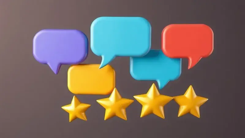 Elementos 3D flutuantes de estrelas douradas e balões de diálogo simbolizando a reputação e satisfação do cliente.