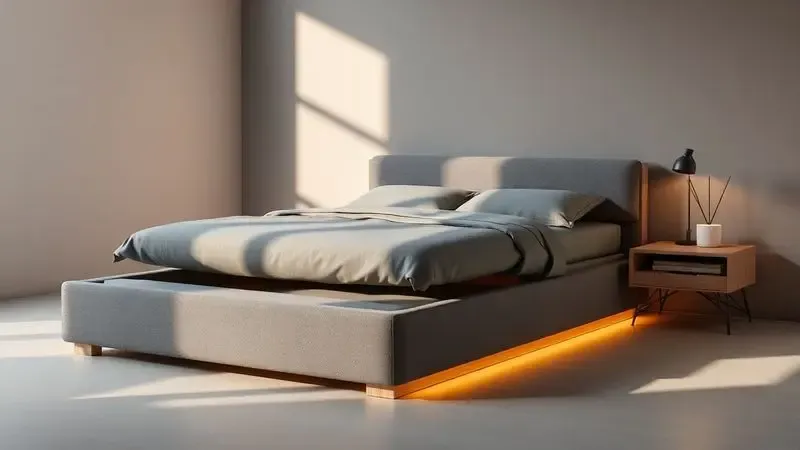 Renderização 3D de base de cama box e cama auxiliar com design minimalista e texturas suaves.