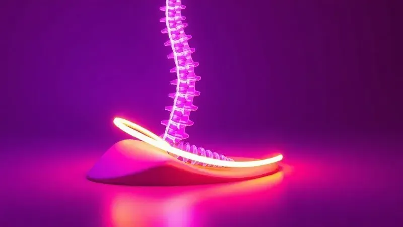 Representação visual 3D do alinhamento da coluna vertebral sobre uma superfície de suporte ortopédico com iluminação suave.