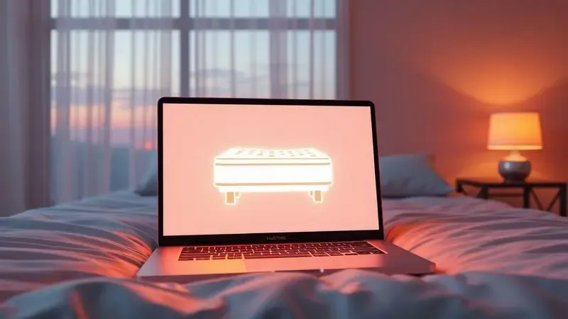 Ilustração 3D de um notebook mostrando a facilidade de comprar colchões pela internet em um quarto aconchegante.