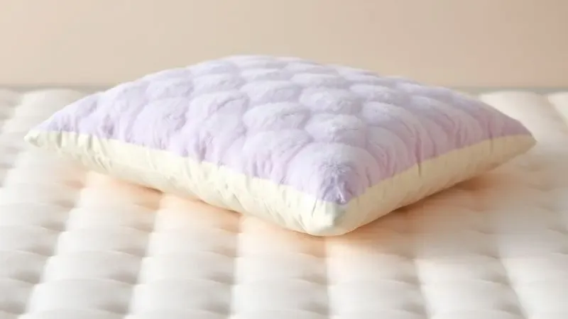 Camada superior pillow top macia com textura de nuvens em renderização 3D com tons de lavanda e creme.