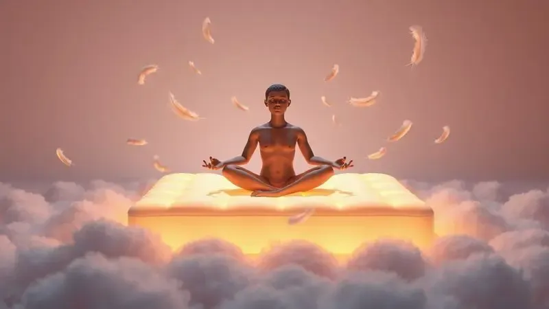 Ilustração 3D de uma silhueta humana em repouso demonstrando os benefícios de um colchão ergonômico para a saúde e bem-estar.