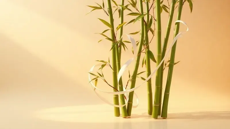 Design conceitual 3D unindo brotos de bambu e fibras têxteis suaves em tons de verde e branco.