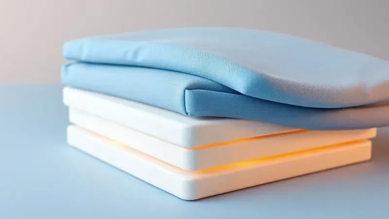 Representação conceitual 3D das camadas de conforto e suporte estrutural de um colchão em tons suaves.