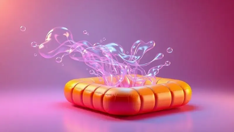 Ilustração 3D conceitual de fluxo de ar dinâmico inflando um colchão de camping colorido.