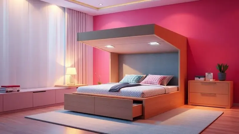 Cama box com baú aberto demonstrando otimização de espaço e organização em renderização 3D colorida.