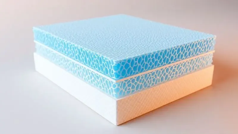 Visão interna de camadas de espuma de colchão em renderização 3D colorida e detalhada mostrando a estrutura interna.