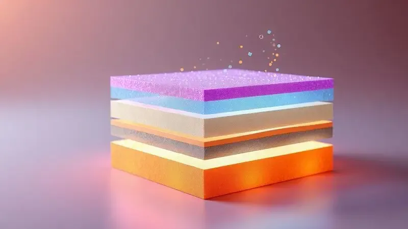 Ilustração conceitual 3D das camadas de espumas coloridas que compõem um colchão de alta tecnologia.
