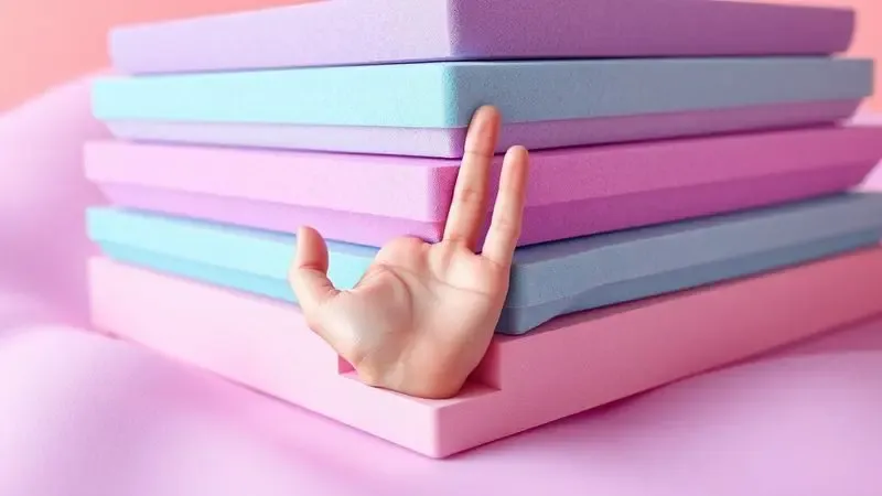 Camadas conceituais de espuma viscoelástica em tons pastéis demonstrando maciez e ergonomia.