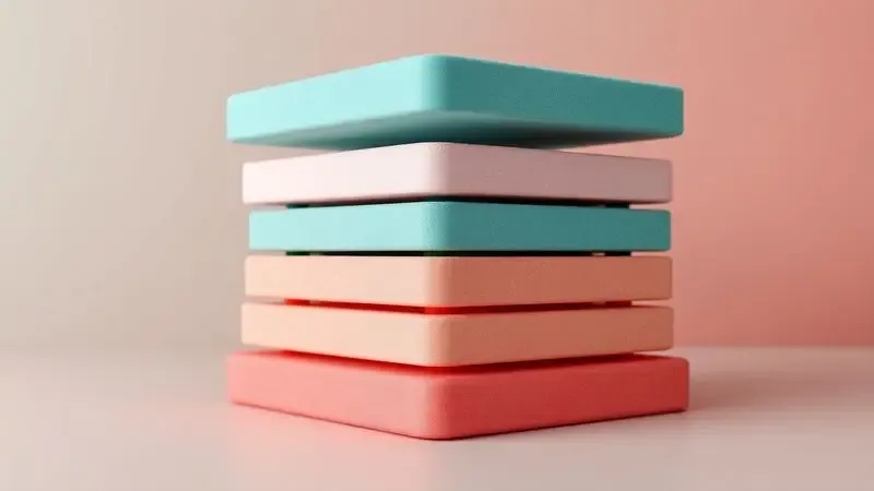 Ilustração conceitual em 3D de diferentes camadas de espuma colorida com texturas macias e densas.