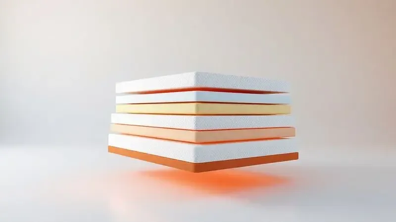 Renderização 3D conceitual das camadas internas de espuma tecnológica de um colchão de alta qualidade.