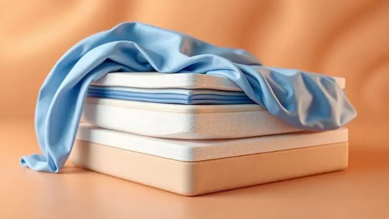 Representação conceitual em 3D das camadas internas de um colchão, destacando o suporte e a maciez em tons de azul e branco.