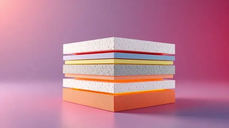 Ilustração conceitual das camadas internas de espuma e molas de um colchão de alta qualidade em renderização 3D.
