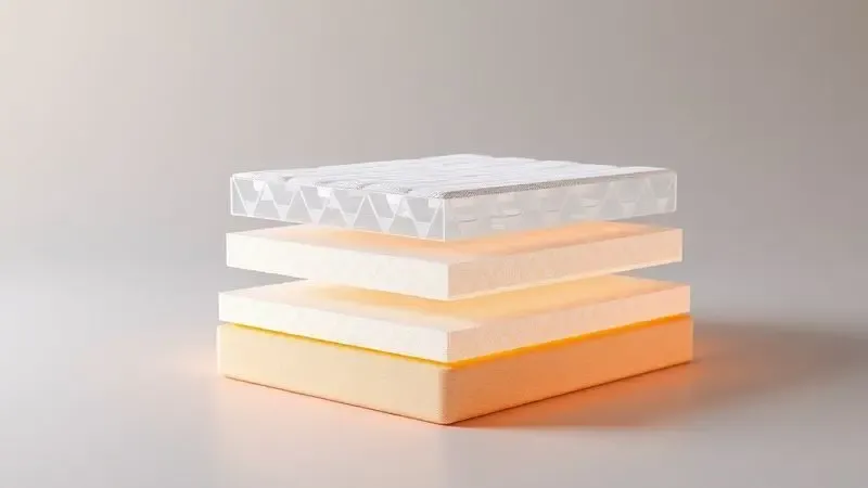 Representação conceitual em 3D das camadas de conforto e espuma gel de um colchão de luxo.