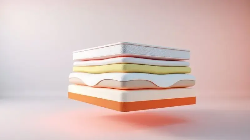 Representação conceitual em 3D das camadas internas de tecnologia e espuma de um colchão premium.