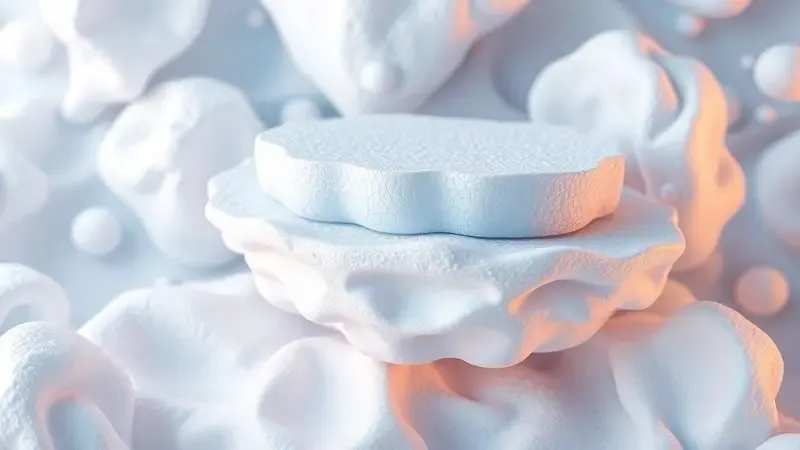 Representação conceitual em 3D das camadas de espuma tecnológica que compõem um colchão de alta performance.