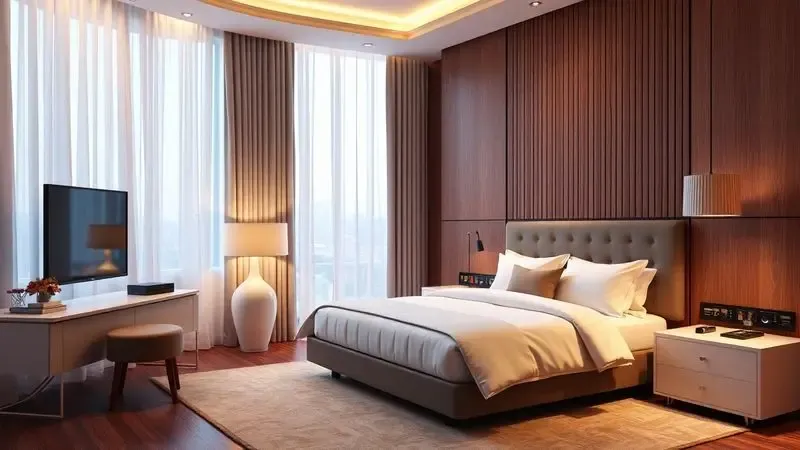 Quarto de hotel de luxo com cama perfeitamente arrumada e iluminação ambiente acolhedora.