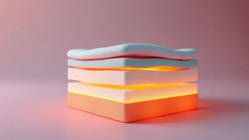 Representação 3D conceitual das camadas internas de conforto e suporte de um colchão premium.