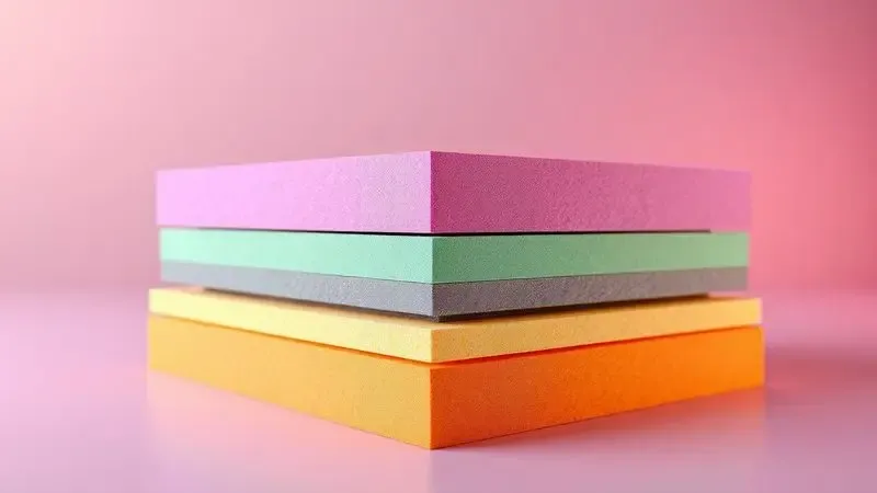 Vista em corte 3D conceitual de camadas de espuma colorida com diferentes densidades e texturas suaves e modernas.