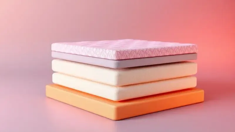 Representação artística 3D das camadas internas de um colchão destacando densidade e materiais de conforto.