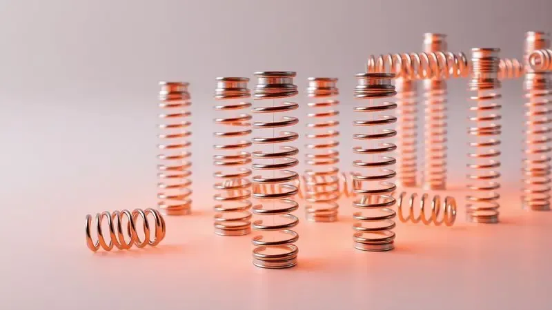 Representação 3D estilizada do funcionamento interno de molas bonnel biconais interligadas com brilho metálico suave.