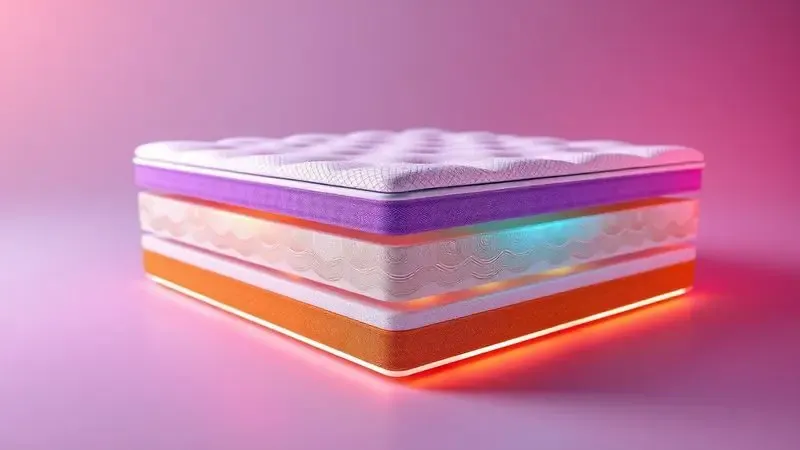 Visão artística em 3D das camadas internas e molas ensacadas de um colchão de alta tecnologia.
