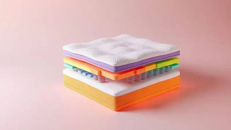 Vista em corte 3D estilizada das camadas internas e tecnologia de espuma de um colchão de alta qualidade.