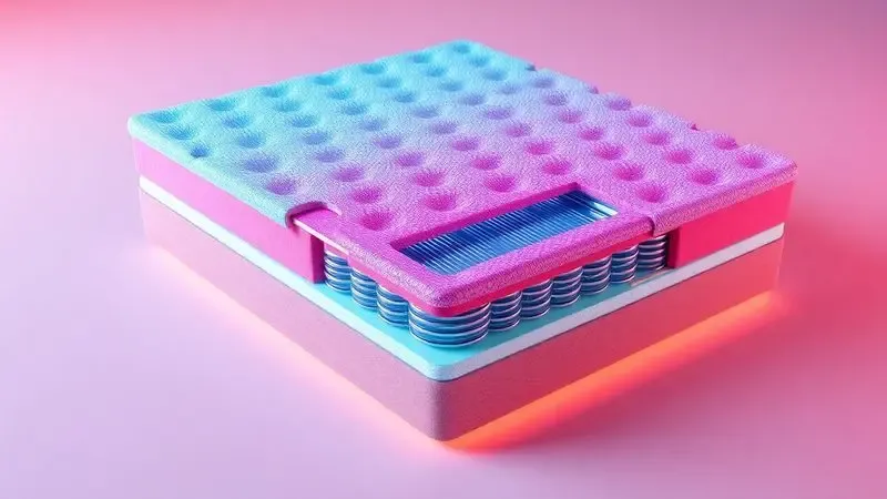 Representação conceitual 3D das camadas internas e tecnologia de suporte de um colchão de alta qualidade em cores vibrantes.