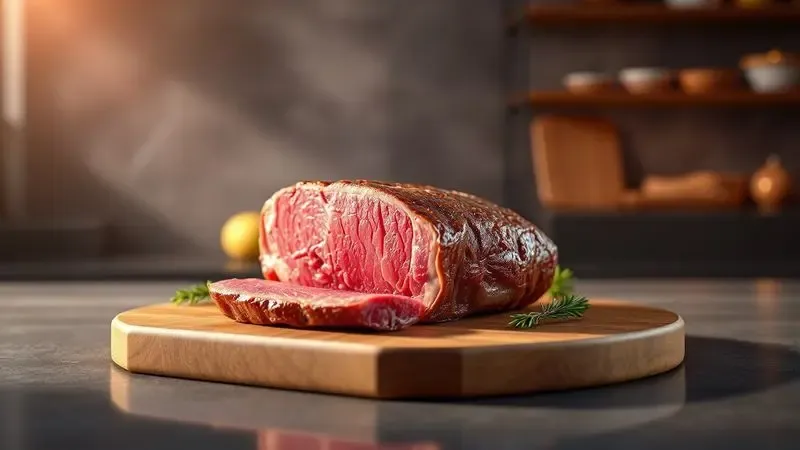 Representação artística em 3D de um corte de carne bovina fresca sobre uma superfície de madeira em uma cozinha moderna.
