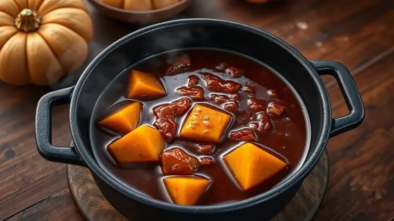 Panela de ferro fundido com cozido de carne suculento e pedaços de abóbora cabotiá em cores vibrantes.