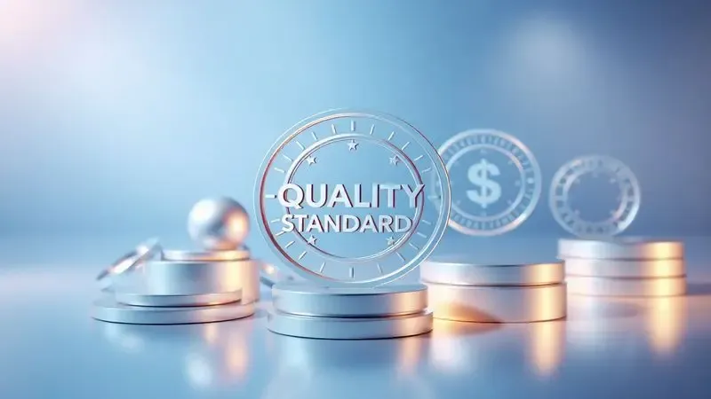 Representação conceitual 3D de selos de qualidade e padrões de certificação em tons de azul e prata.