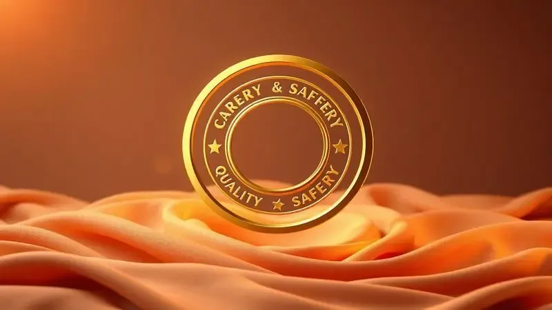 Símbolo dourado conceitual de qualidade e segurança sobre tecidos macios em renderização 3D.
