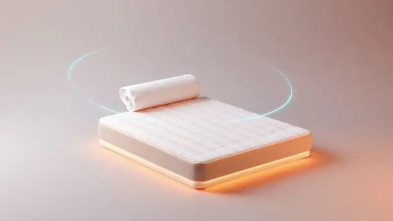 Ilustração 3D de um colchão a vácuo se expandindo de um rolo para o tamanho real, destacando praticidade e inovação.