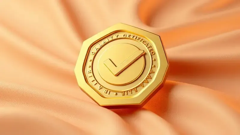 Símbolo de selo de qualidade dourado em 3D sobre tecido luxuoso, representando segurança e certificação.