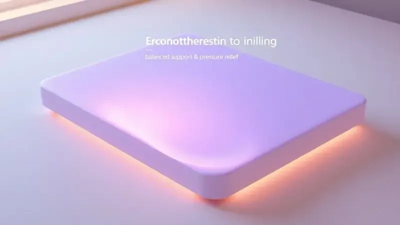 Ilustração 3D de uma superfície ergonômica com luzes suaves demonstrando o alinhamento correto da coluna em um colchão.