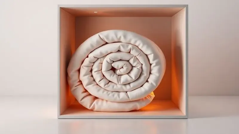 Cena 3D de um colchão enrolado saindo de uma caixa, simbolizando a praticidade do modelo embalado a vácuo.