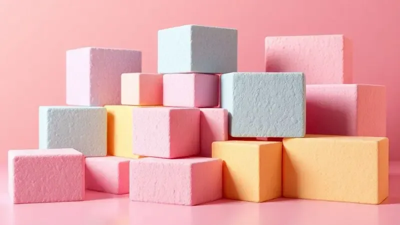 Representação artística de blocos de espuma de alta densidade em tons pastéis e texturas suaves.