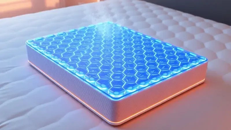 Visualização conceitual de partículas de gel refrescante para controle térmico em colchão.