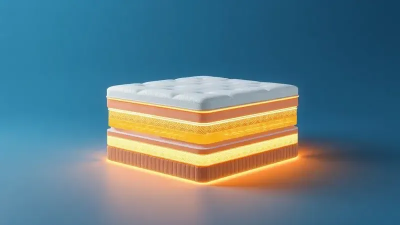 Representação visual da densidade e resistência interna de um colchão de alta qualidade em estilo 3D vibrante.
